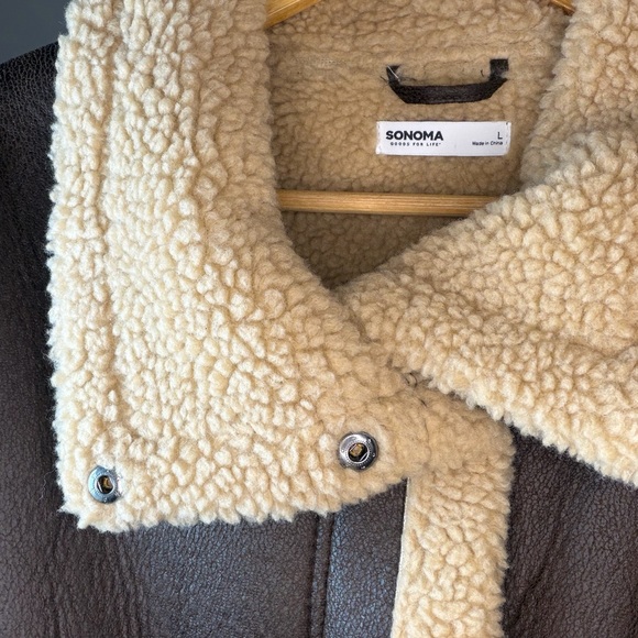 Sonoma Faux Shearling Aviator Jacket Brown Cream Sherpa L - Picture 2 of 7